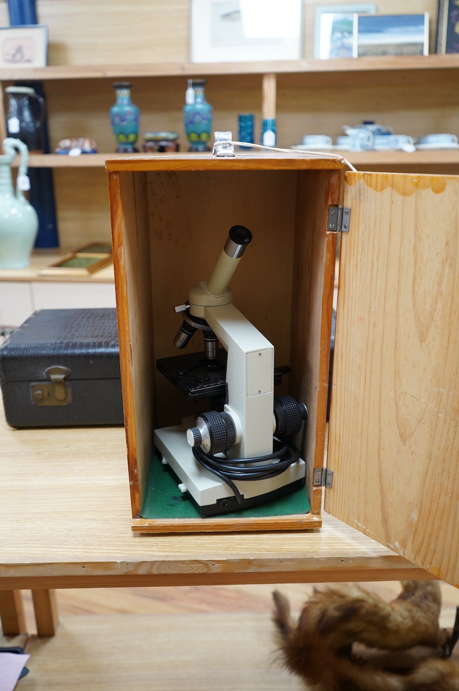 A pine cased mid 20th century monocular microscope XSP-18S supplied by Brunel Microscopes Ltd, case; 45 x 24.5 x 27cm. Condition - good.